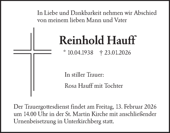 Traueranzeige von Reinhold Hauff von SÜDWEST PRESSE Ausgabe Ulm/Neu-Ulm/Ehingen