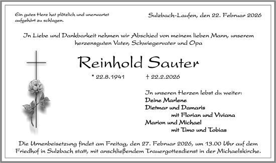 Traueranzeige von Reinhold Sauter von Rundschau Gaildorf
