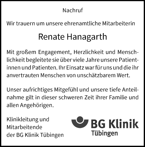 Traueranzeige von Renate Hanagarth von Schwäbische Tagblatt