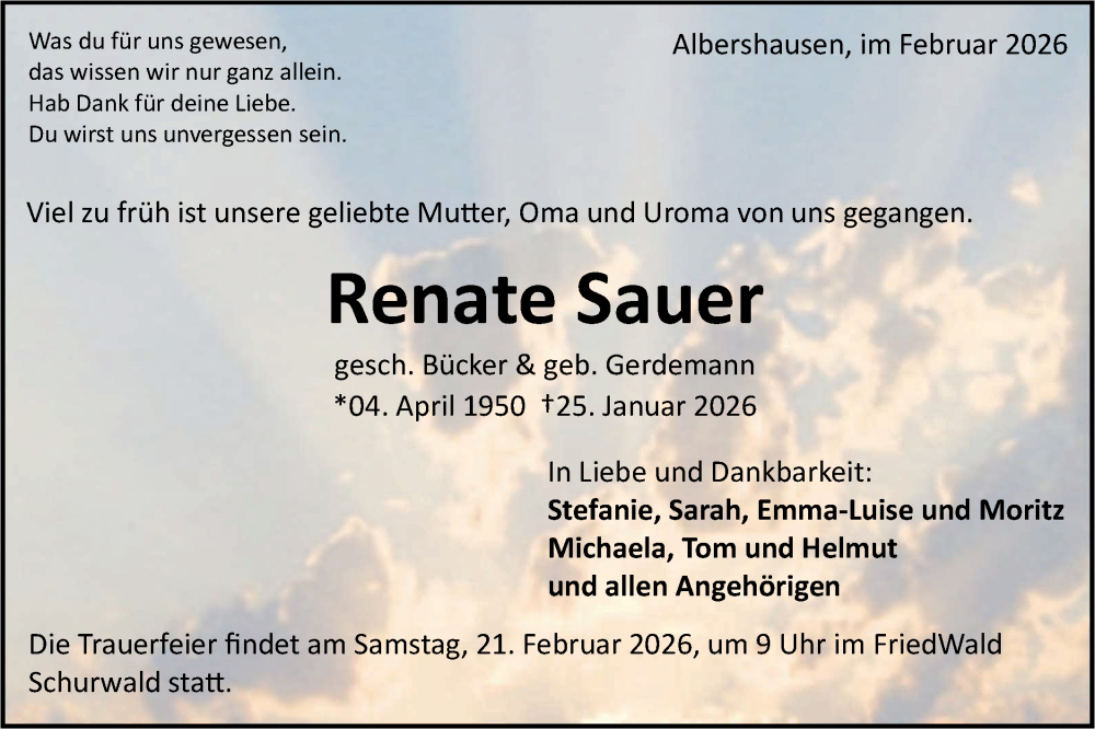  Traueranzeige für Renate Sauer vom 14.02.2026 aus NWZ Neue Württembergische Zeitung