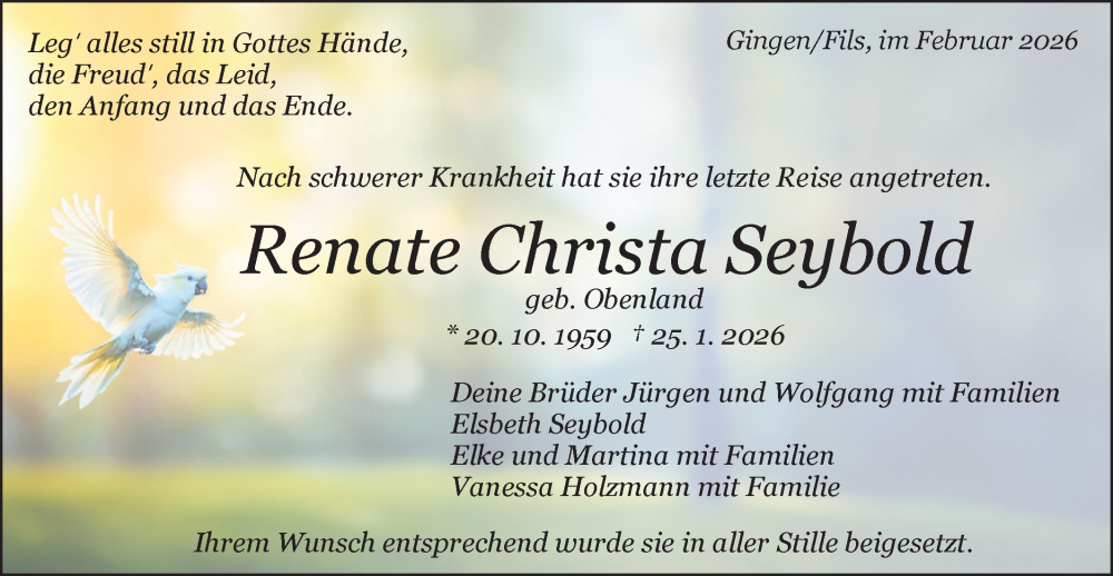  Traueranzeige für Renate Christa Seybold vom 12.02.2026 aus Geislinger Zeitung