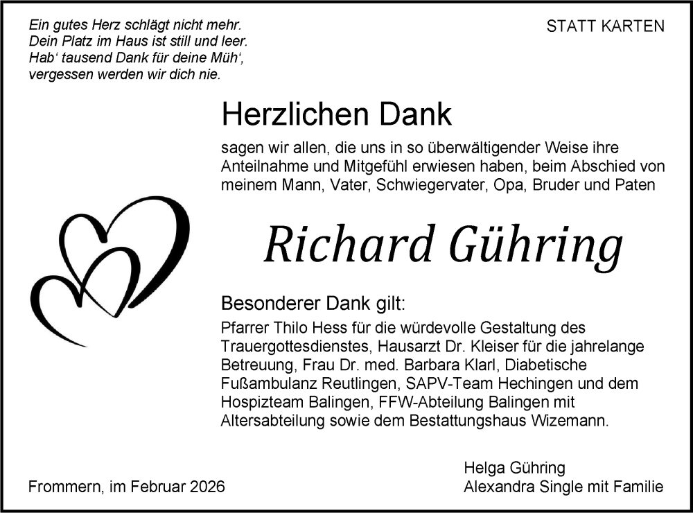  Traueranzeige für Richard Gühring vom 14.02.2026 aus SÜDWEST PRESSE Zollernalbkreis