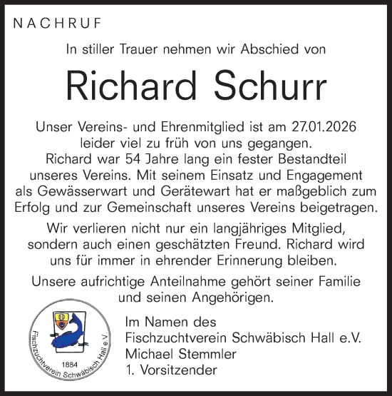 Traueranzeige von Richard Schurr von Haller Tagblatt
