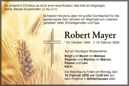 Traueranzeige von Robert Mayer von SÜDWEST PRESSE Ausgabe Ulm/Neu-Ulm/Ehingen