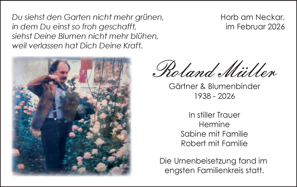 Traueranzeige für Roland Müller vom 14.02.2026 aus Neckar-Chronik