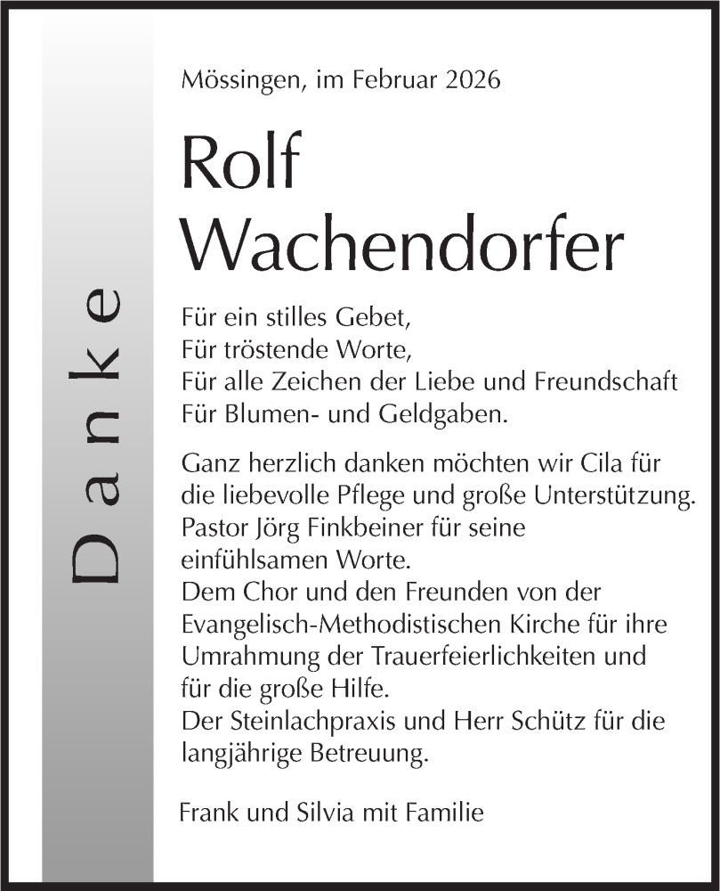  Traueranzeige für Rolf Wachendorfer vom 13.02.2026 aus Schwäbische Tagblatt