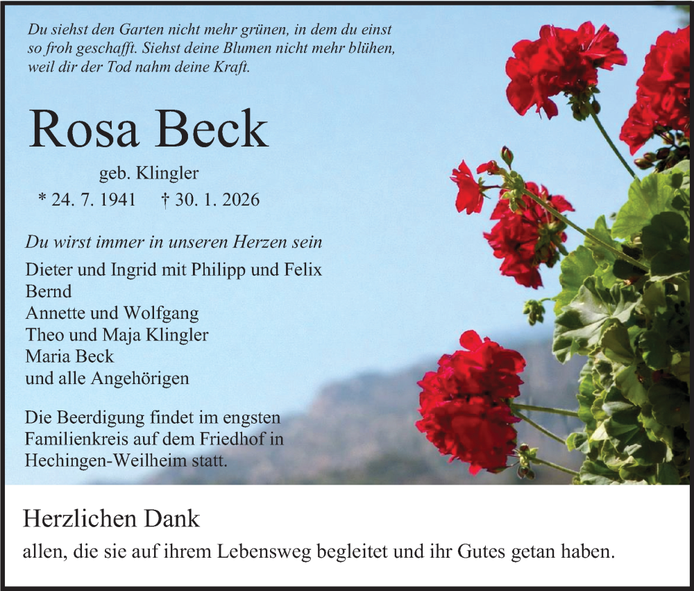  Traueranzeige für Rosa Beck vom 03.02.2026 aus SÜDWEST PRESSE Zollernalbkreis