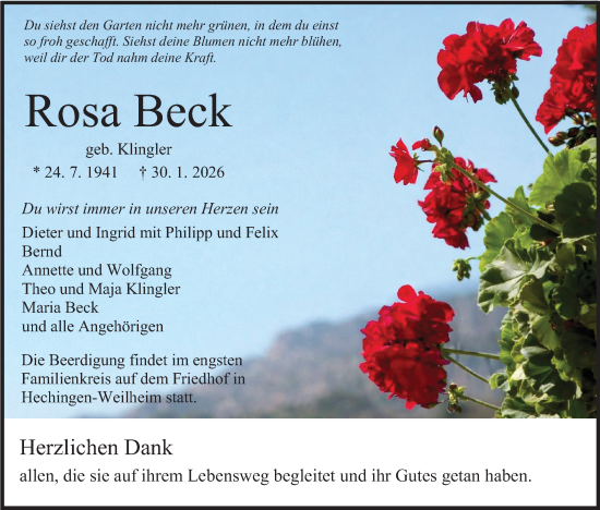 Traueranzeige von Rosa Beck von SÜDWEST PRESSE Zollernalbkreis