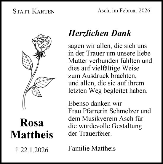 Traueranzeige von Rosa Mattheis von SÜDWEST PRESSE Ausgabe Ulm/Neu-Ulm/Ehingen