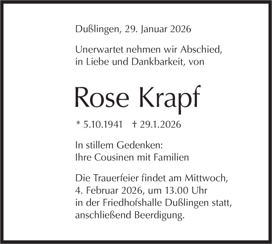Traueranzeige von Rose Krapf von Schwäbische Tagblatt