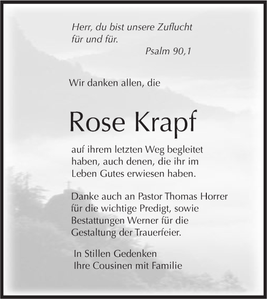 Traueranzeige von Rose Krapf von Schwäbische Tagblatt