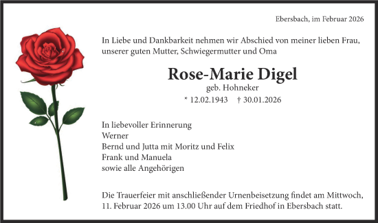 Traueranzeige von Rose-Marie Digel von NWZ Neue Württembergische Zeitung