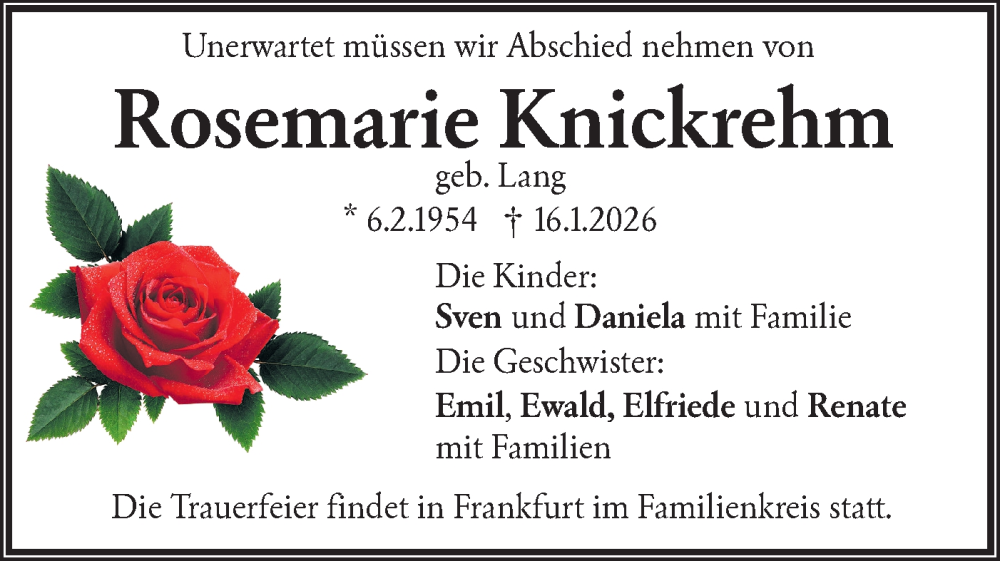  Traueranzeige für Rosemarie Knickrehm vom 06.02.2026 aus Das Blaumännle