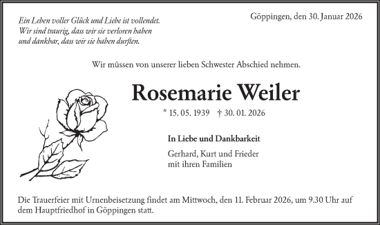 Traueranzeige von Rosemarie Weiler von NWZ Neue Württembergische Zeitung