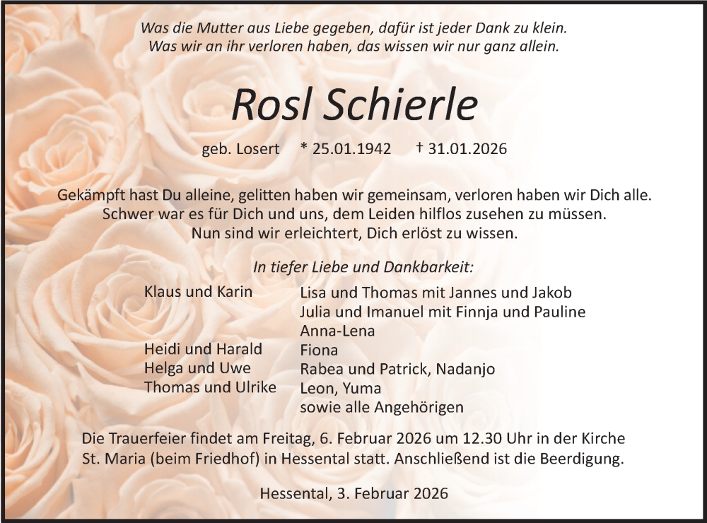  Traueranzeige für Rosl Schierle vom 03.02.2026 aus Haller Tagblatt