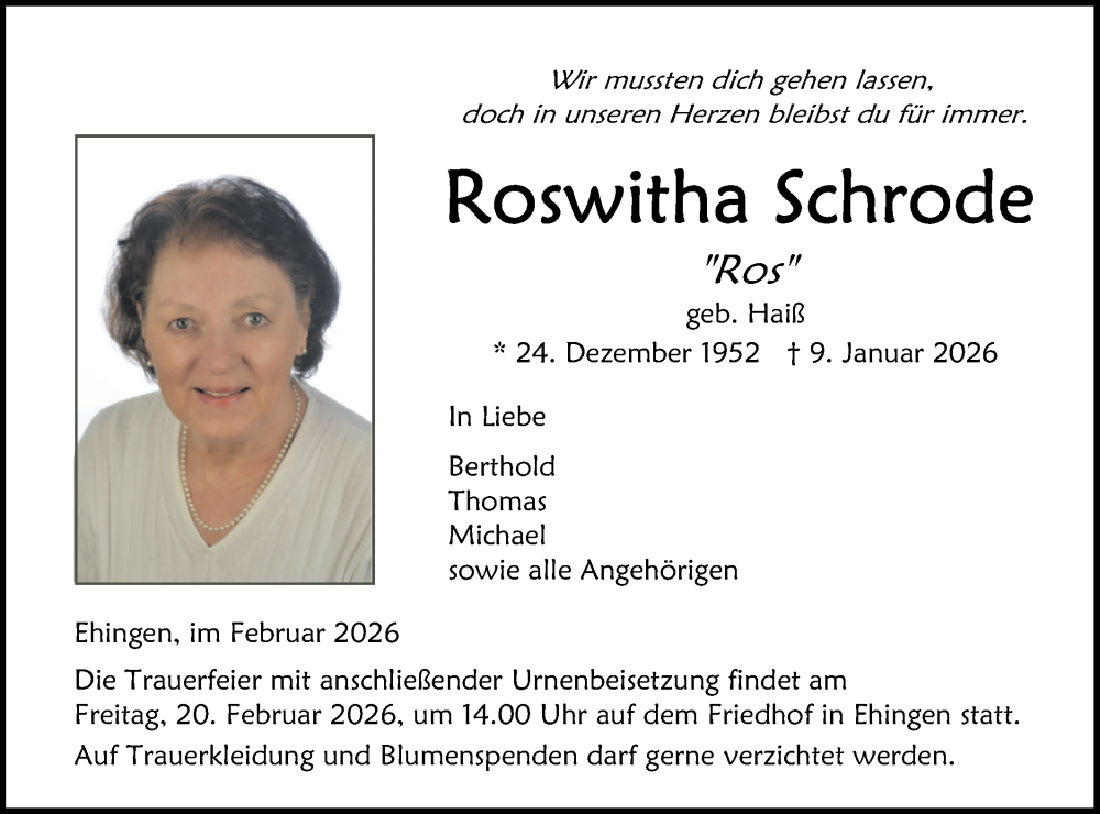  Traueranzeige für Roswitha Schrode vom 18.02.2026 aus Ehinger Tagblatt