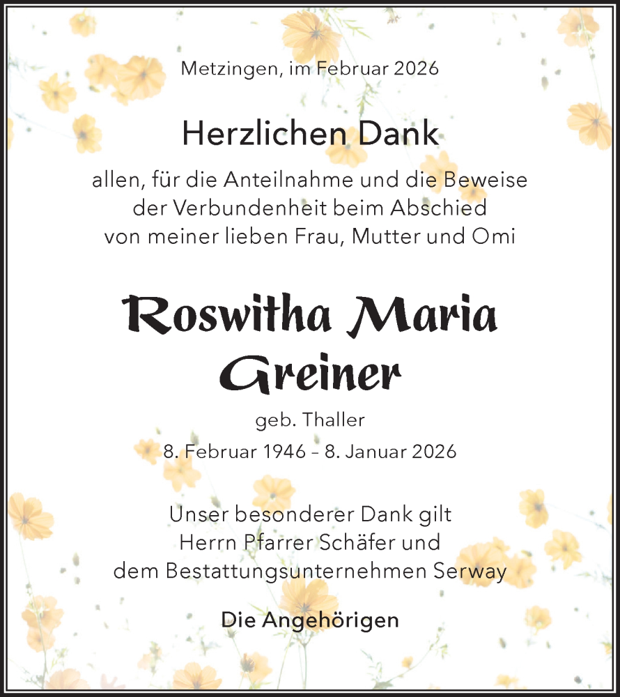  Traueranzeige für Roswitha Maria Greiner vom 14.02.2026 aus Alb-Bote/Metzinger-Uracher Volksblatt