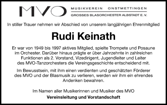 Traueranzeige von Rudi Keinath von SÜDWEST PRESSE Zollernalbkreis