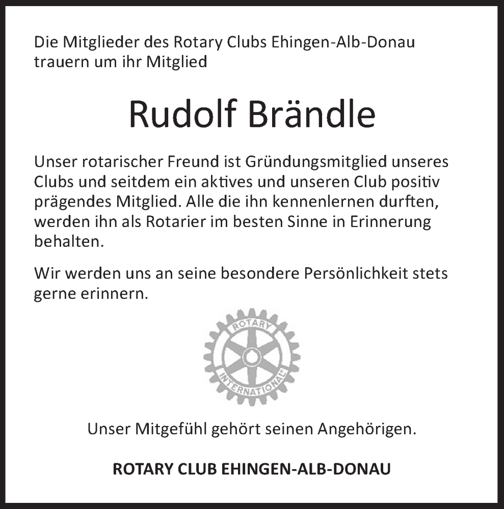  Traueranzeige für Rudolf Brändle vom 14.02.2026 aus Alb-Bote/Metzinger-Uracher Volksblatt