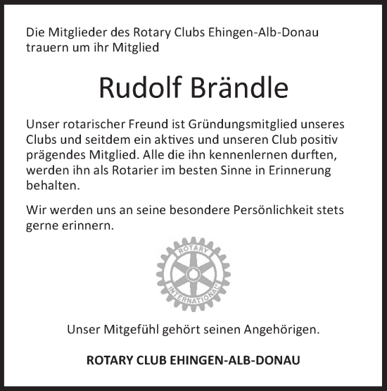 Traueranzeige von Rudolf Brändle von Alb-Bote/Metzinger-Uracher Volksblatt