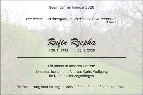 Traueranzeige von Rufin Rzepka von Geislinger Zeitung