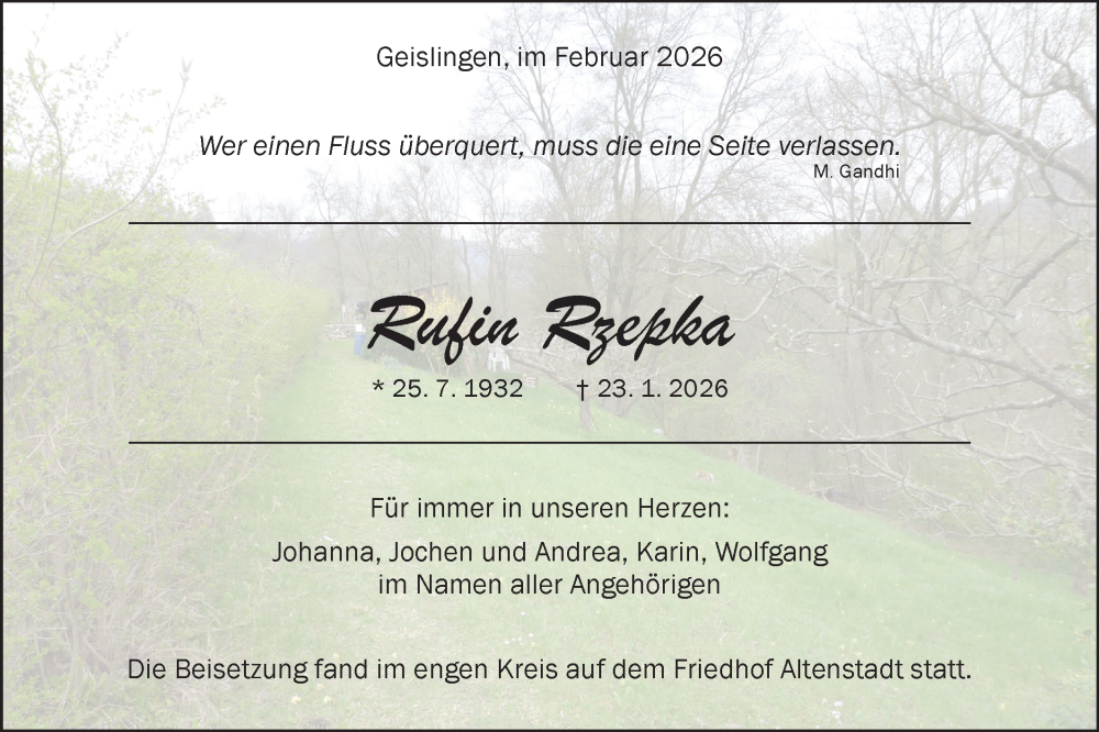  Traueranzeige für Rufin Rzepka vom 12.02.2026 aus Geislinger Zeitung