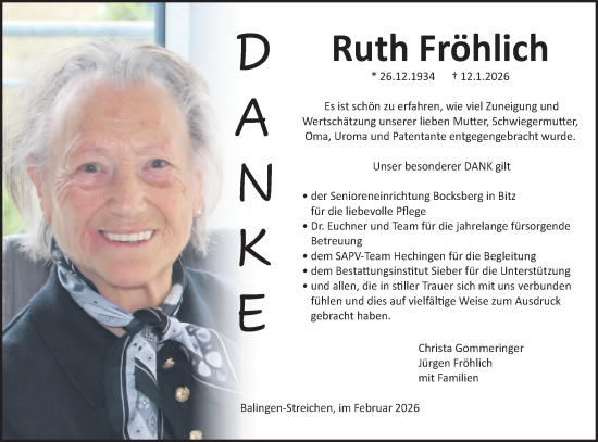 Traueranzeige von Ruth Fröhlich von SÜDWEST PRESSE Zollernalbkreis