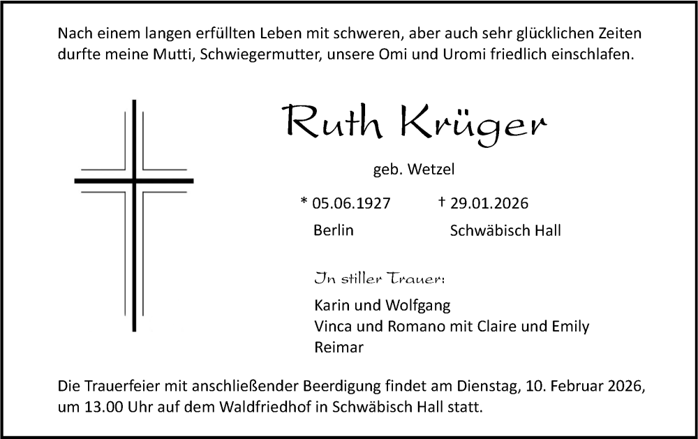  Traueranzeige für Ruth Krüger vom 04.02.2026 aus Haller Tagblatt