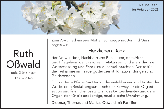 Traueranzeige von Ruth Oßwald von Alb-Bote/Metzinger-Uracher Volksblatt