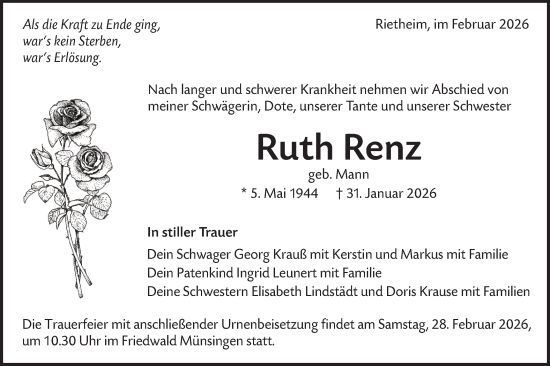 Traueranzeige von Ruth Renz von Alb-Bote/Metzinger-Uracher Volksblatt
