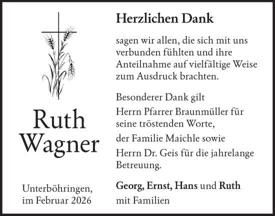 Traueranzeige von Ruth Wagner  von Geislinger Zeitung