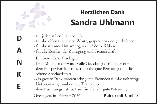 Traueranzeige von Sandra Uhlmann von Ehinger Tagblatt