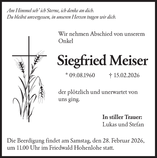 Traueranzeige von Siegfried Meiser von Hohenloher Tagblatt