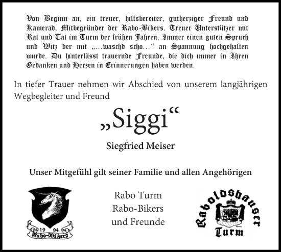 Traueranzeige von Siegfried Meiser von Hohenloher Tagblatt