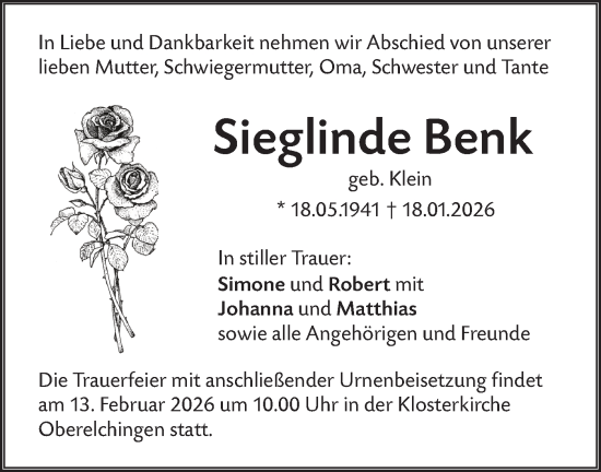 Traueranzeige von Sieglinde Benk von SÜDWEST PRESSE Ausgabe Ulm/Neu-Ulm/Ehingen