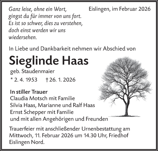 Traueranzeige von Sieglinde Haas von NWZ Neue Württembergische Zeitung