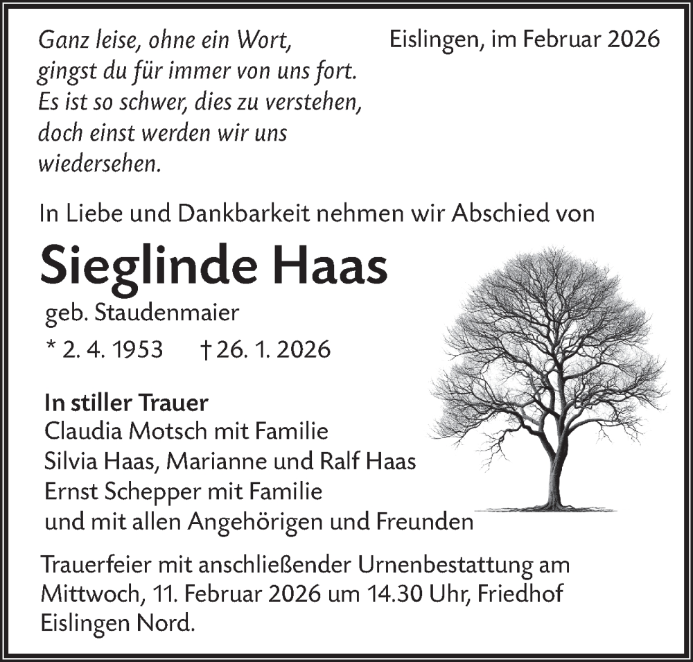  Traueranzeige für Sieglinde Haas vom 07.02.2026 aus NWZ Neue Württembergische Zeitung