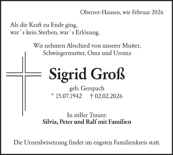 Traueranzeige von Sigrid Groß von Rundschau Gaildorf