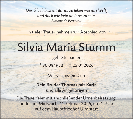 Traueranzeige von Silvia Maria Stumm von SÜDWEST PRESSE Ausgabe Ulm/Neu-Ulm/Ehingen