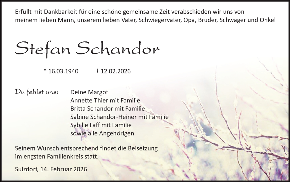  Traueranzeige für Stefan Schandor vom 14.02.2026 aus Haller Tagblatt
