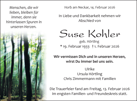 Traueranzeige von Suse Kohler von Neckar-Chronik