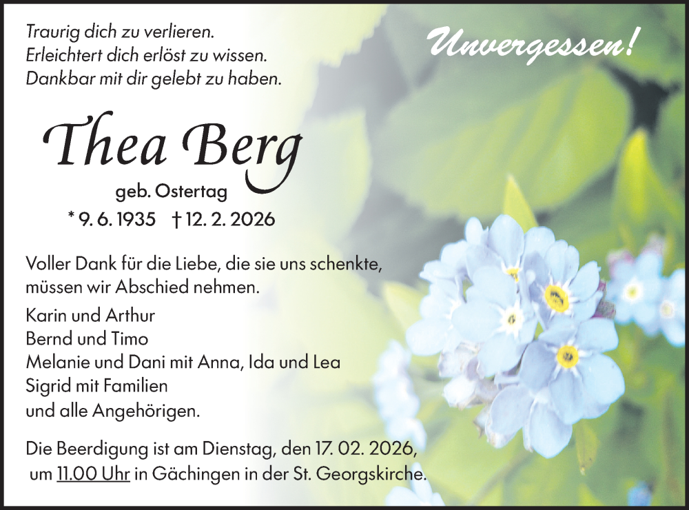  Traueranzeige für Thea Berg vom 14.02.2026 aus Alb-Bote/Metzinger-Uracher Volksblatt