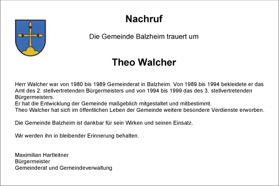Traueranzeige von Theo Walcher von SÜDWEST PRESSE Ausgabe Ulm/Neu-Ulm/Ehingen