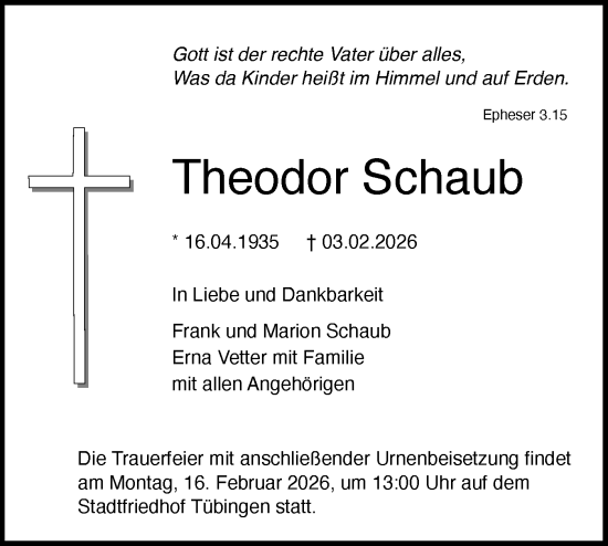 Traueranzeige von Theodor Schaub von Schwäbische Tagblatt