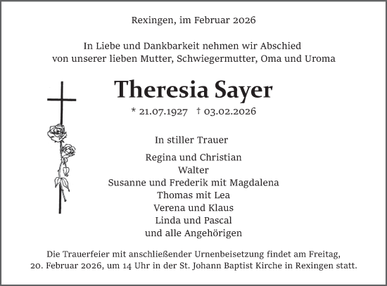 Traueranzeige von Theresia Sayer von Neckar-Chronik