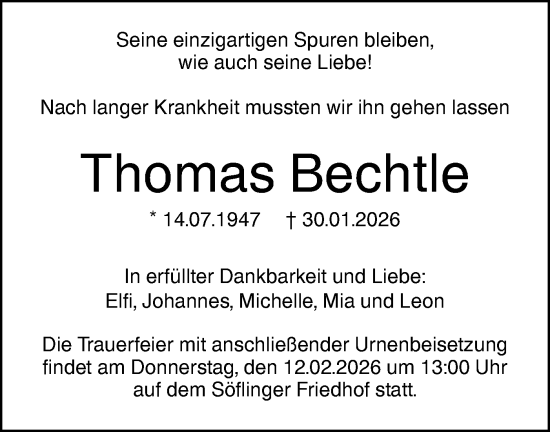 Traueranzeige von Thomas Bechtle von SÜDWEST PRESSE Ausgabe Ulm/Neu-Ulm/Ehingen