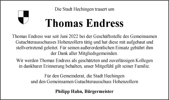 Traueranzeige von Thomas Endress von SÜDWEST PRESSE Zollernalbkreis
