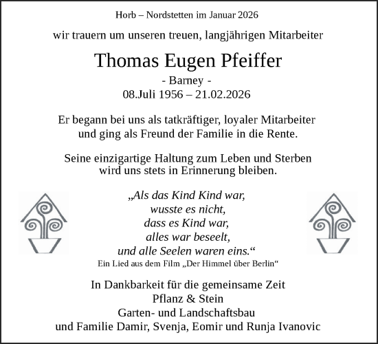 Traueranzeige von Thomas Eugen Pfeiffer von Neckar-Chronik