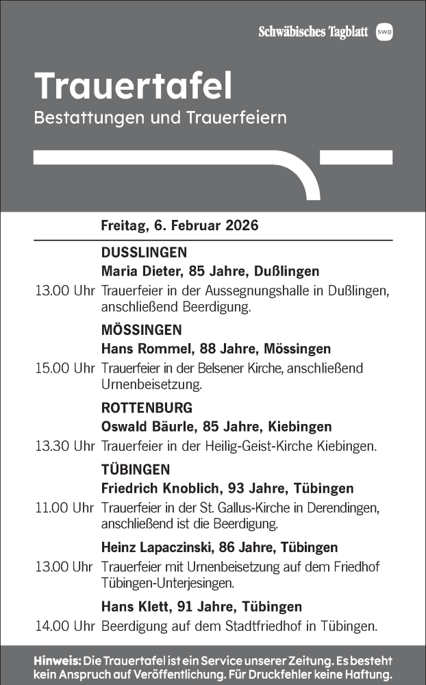  Traueranzeige für Totentafel vom 06.02.2026 vom 06.02.2026 aus Schwäbische Tagblatt