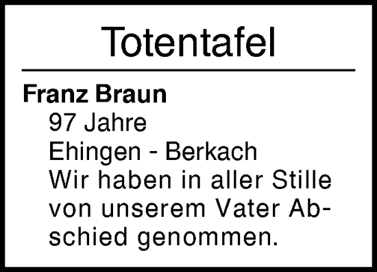 Traueranzeige von Totentafel vom 06.02.2026 von Ehinger Tagblatt